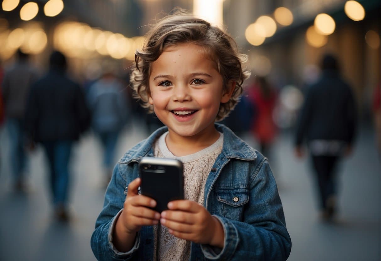 A child holding a smartphone, looking excited