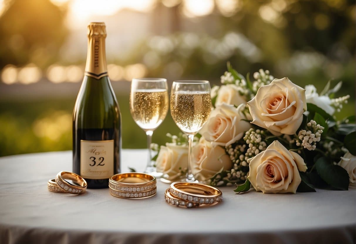 A table set with two intertwined rings, a bouquet of flowers, and a bottle of champagne. A banner reads "35 years of marriage, what are the wedding anniversary?"