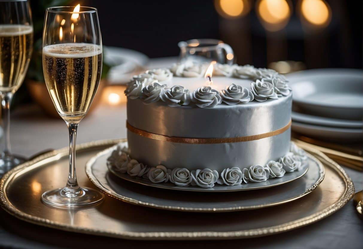 A table set with a silver anniversary cake, surrounded by 25 lit candles and a pair of champagne flutes