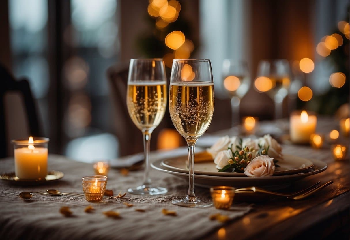 A couple's wedding anniversary celebration with a decorated table, champagne glasses, and a romantic atmosphere