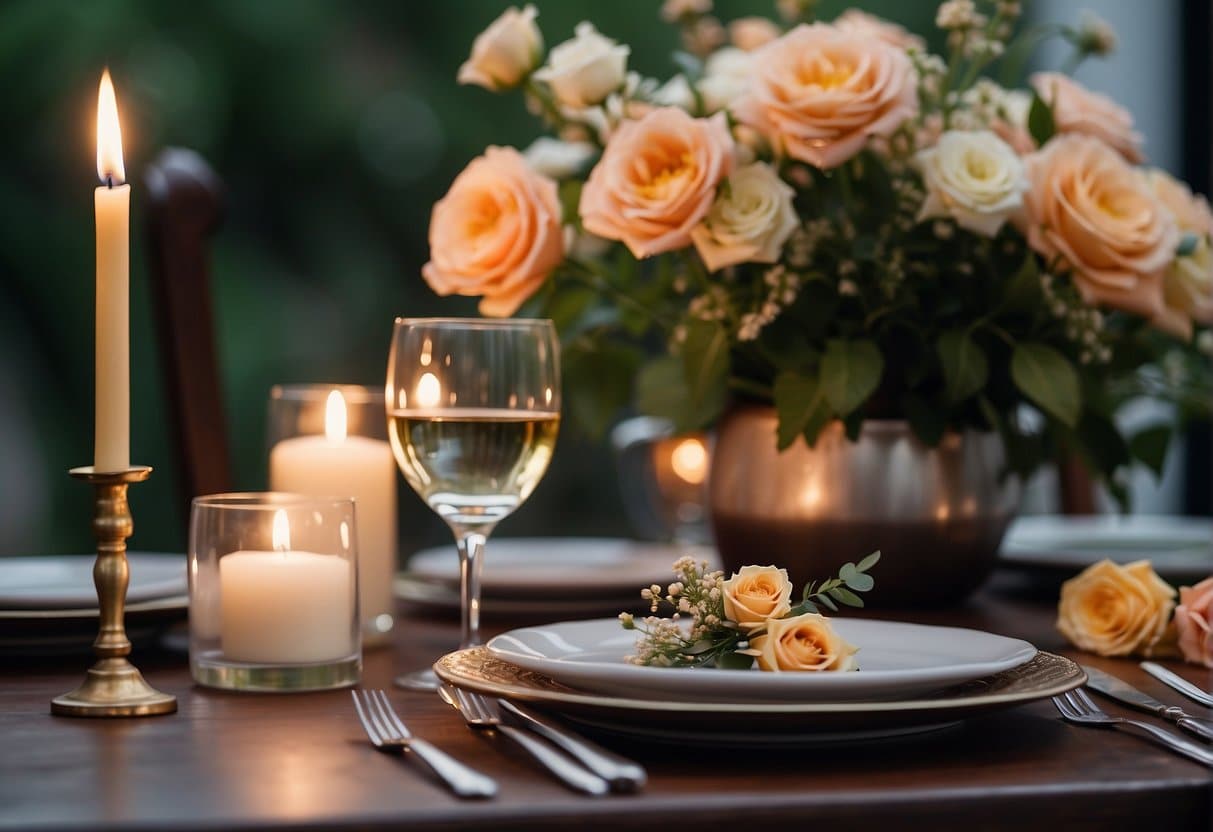 A table set with a romantic dinner for two, surrounded by candles and adorned with a bouquet of flowers