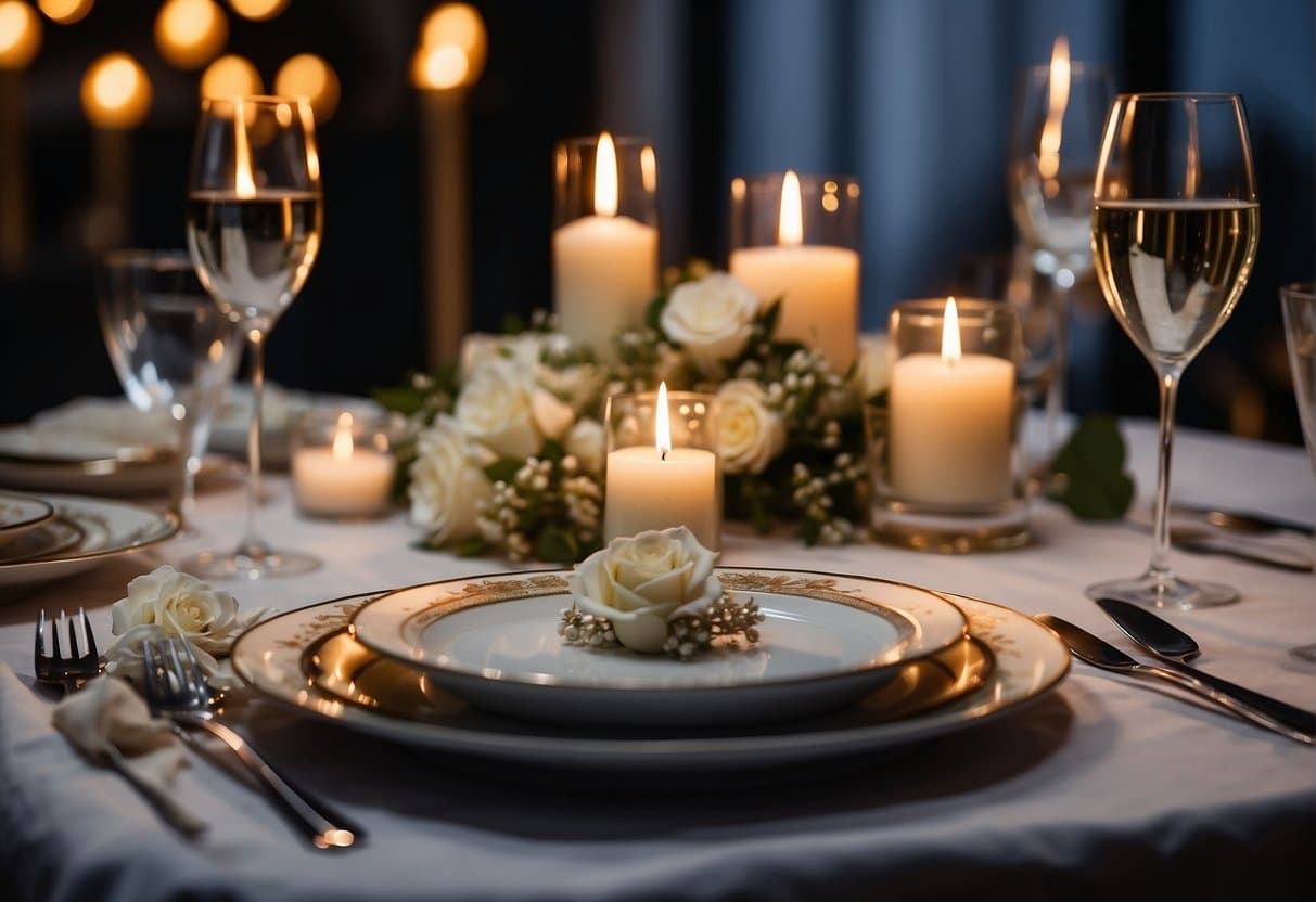 A table set with a romantic dinner for two, adorned with candles and flowers. A framed photo of a couple celebrating their 20th wedding anniversary
