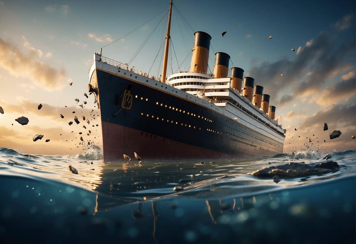 The Titanic sinking, with debris scattered and the ship's stern rising from the water