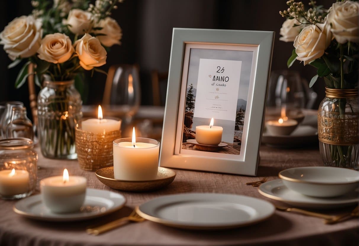 A table set for two with a romantic ambiance, surrounded by candles and flowers. An empty photo frame labeled "2 anos de casado é bodas de quê?" is placed in the center