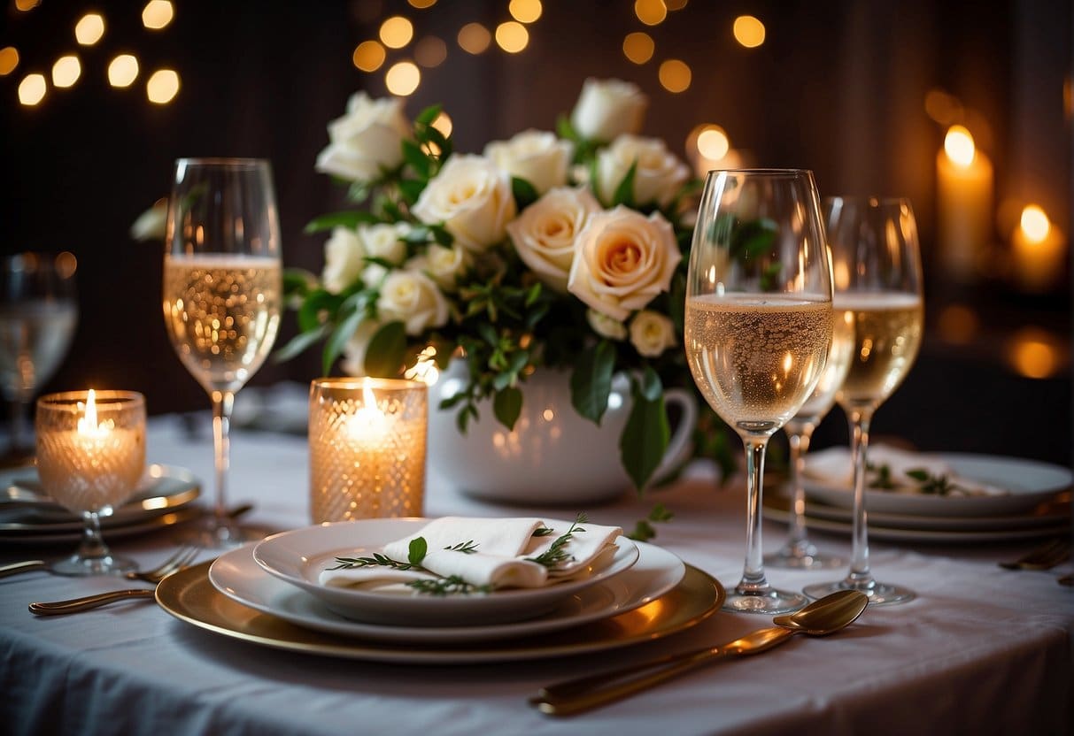 A table set with a romantic dinner, surrounded by six lit candles, a bouquet of flowers, and two champagne glasses