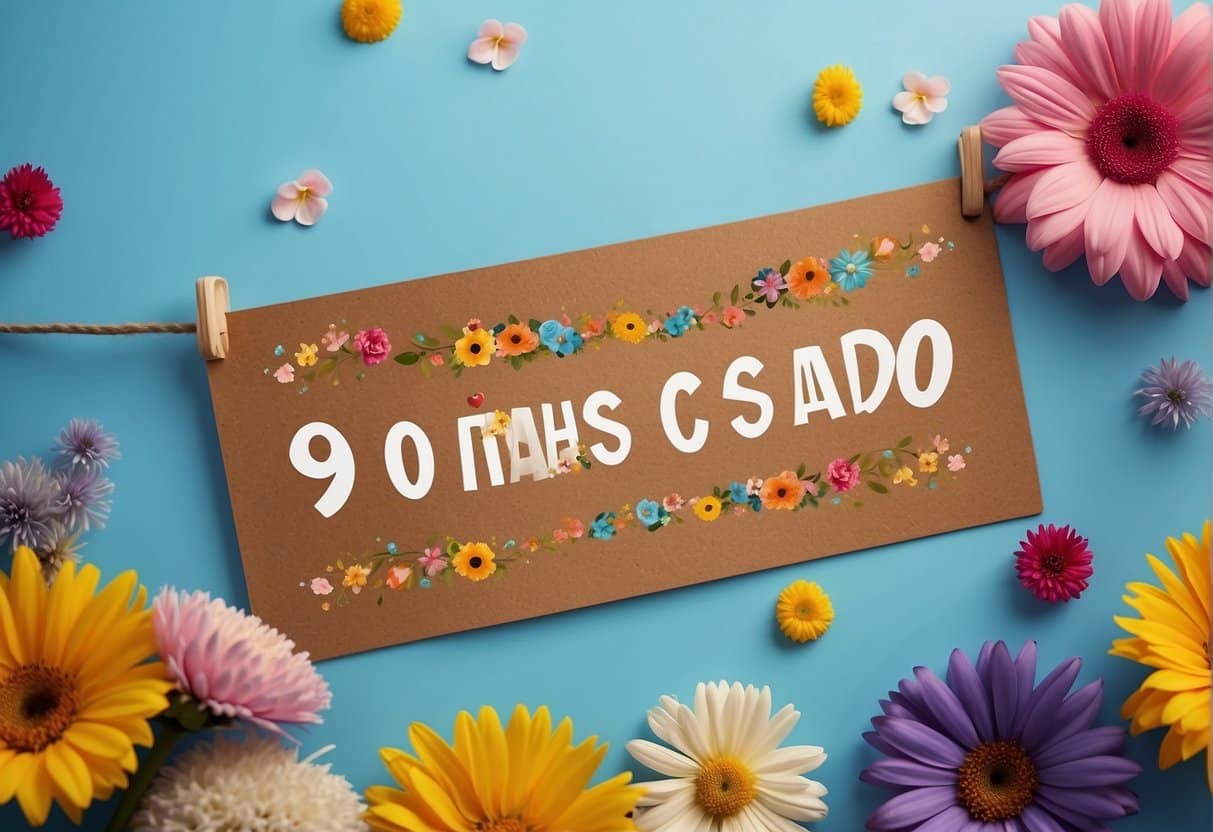 A banner with "9 anos de casado" surrounded by colorful flowers and hearts
