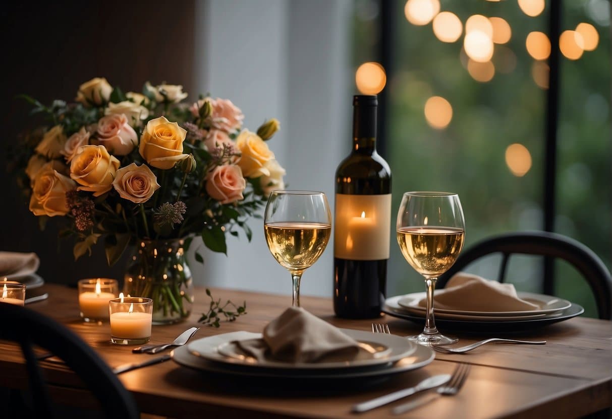 A table set for two with a candlelit dinner, a bottle of wine, and a bouquet of flowers