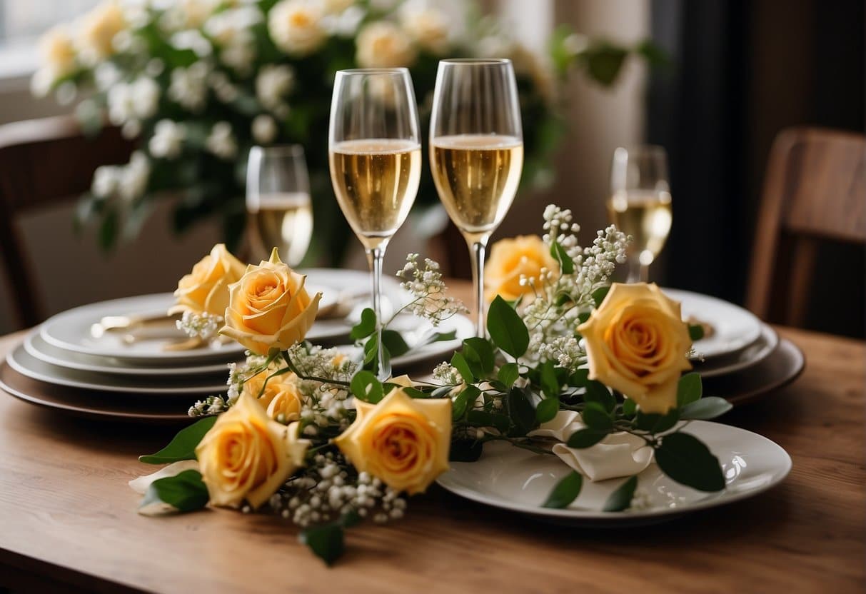 A table set for a romantic dinner with two champagne glasses, a bouquet of flowers, and a decorative sign that reads "30 years of marriage, what are the wedding anniversary?"