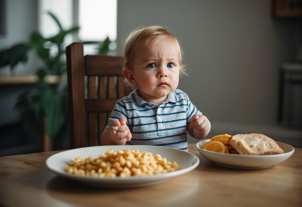 A 2-year-old refuses to eat, with food untouched on the table