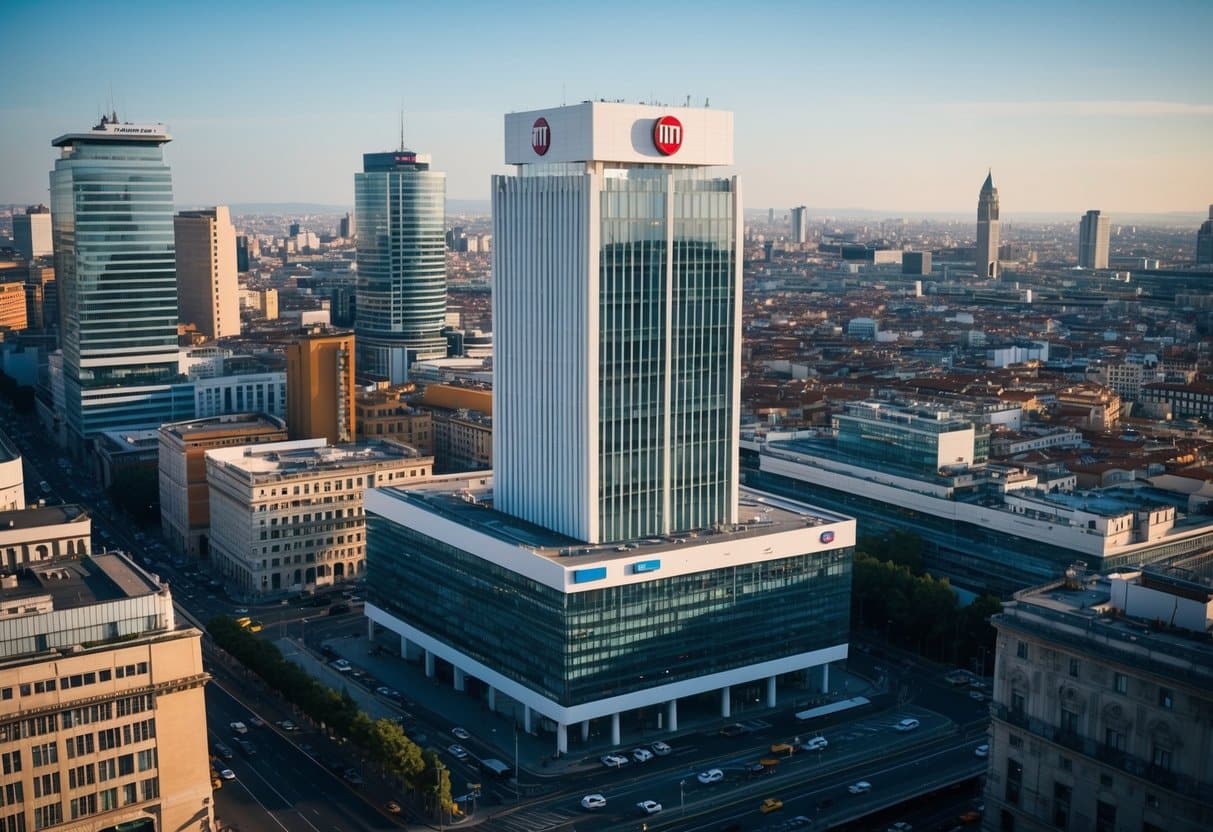 Uma paisagem urbana movimentada com a sede da Fiat em destaque. Prédios altos e ruas movimentadas indicam um centro urbano próspero.