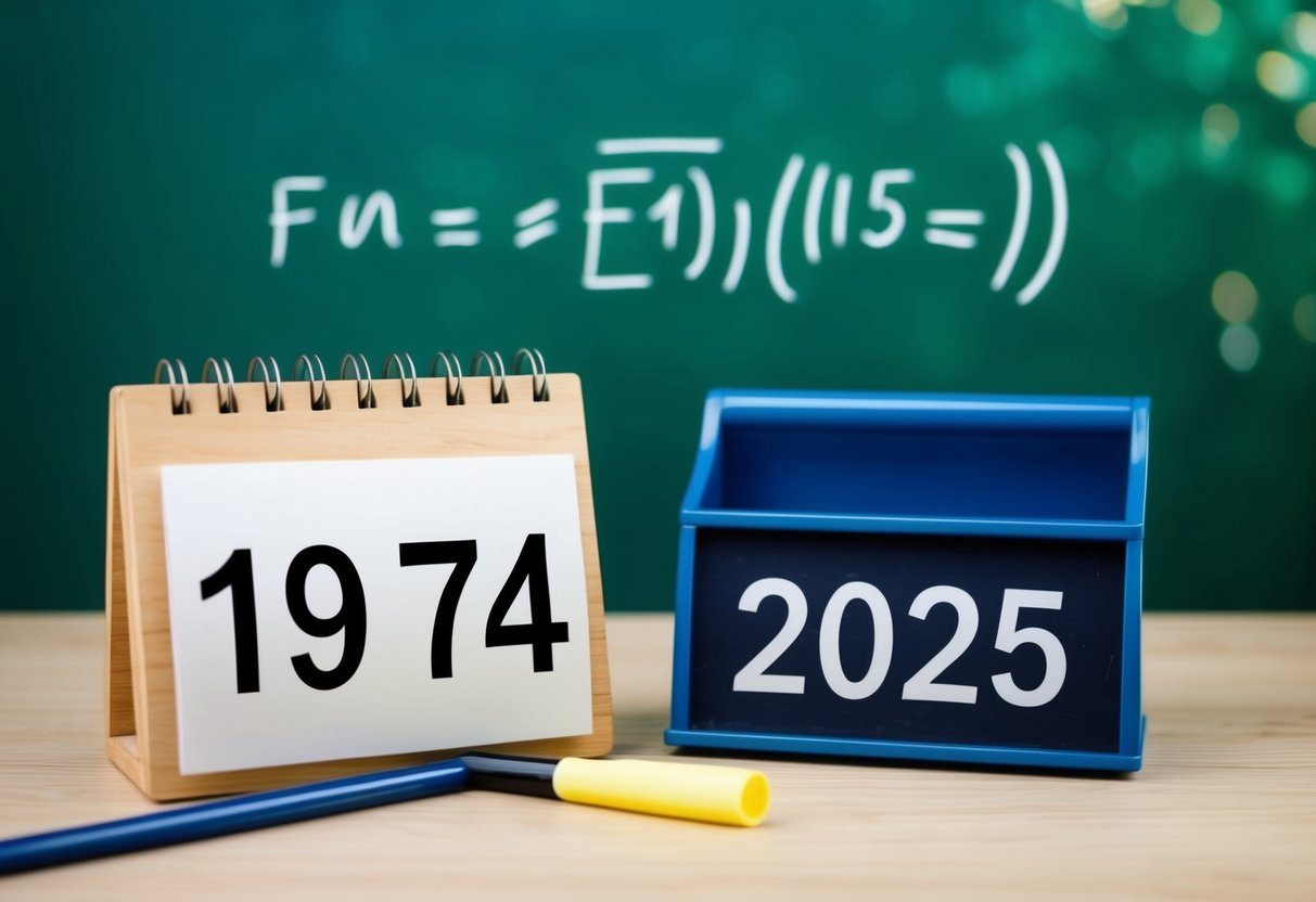 Um calendário mostrando os anos de 1974 e 2025, com uma equação matemática escrita em um quadro-negro
