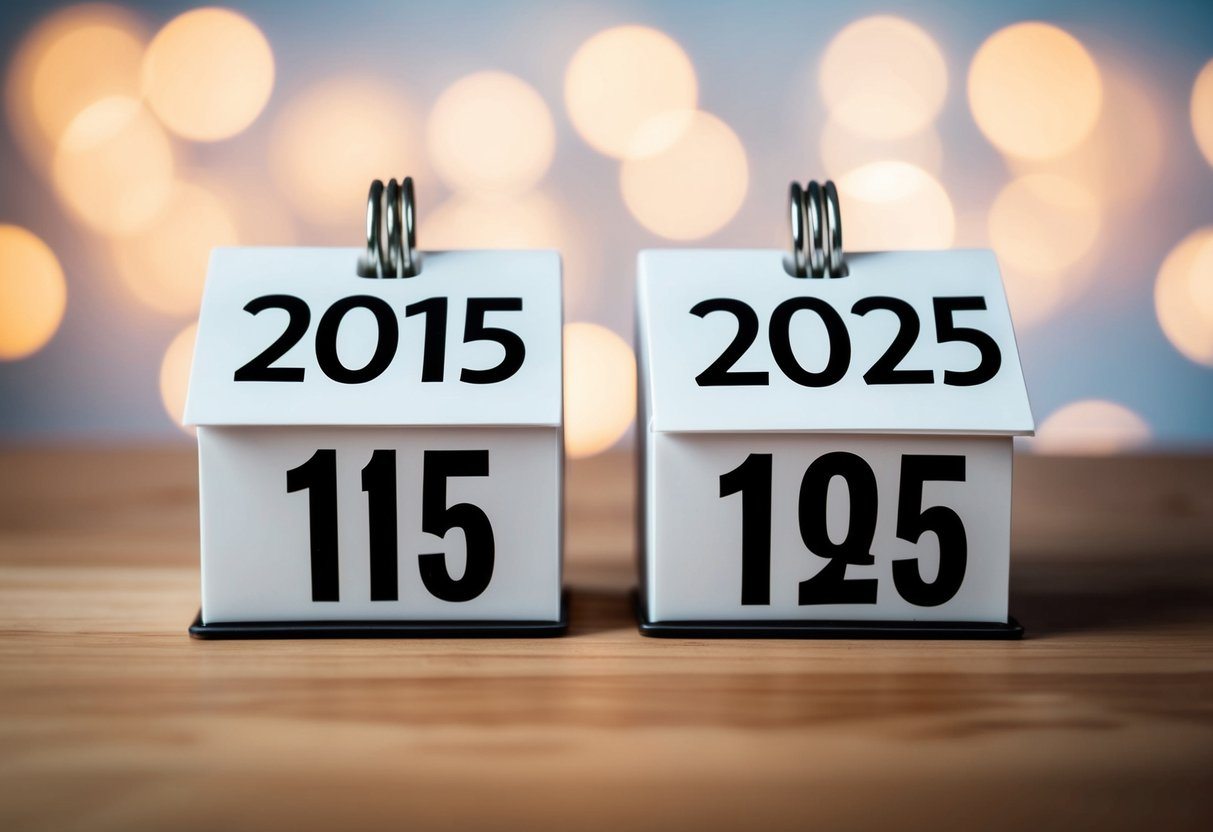 Um calendário mostrando os anos 2015 e 2025, com um foco claro na diferença de 10 anos