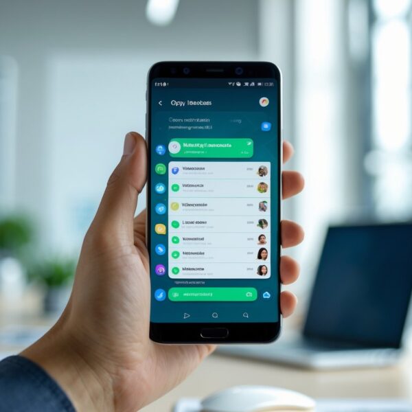 Pessoa segurando um smartphone com a tela do WhatsApp aberta, mostrando a lista de conversas.