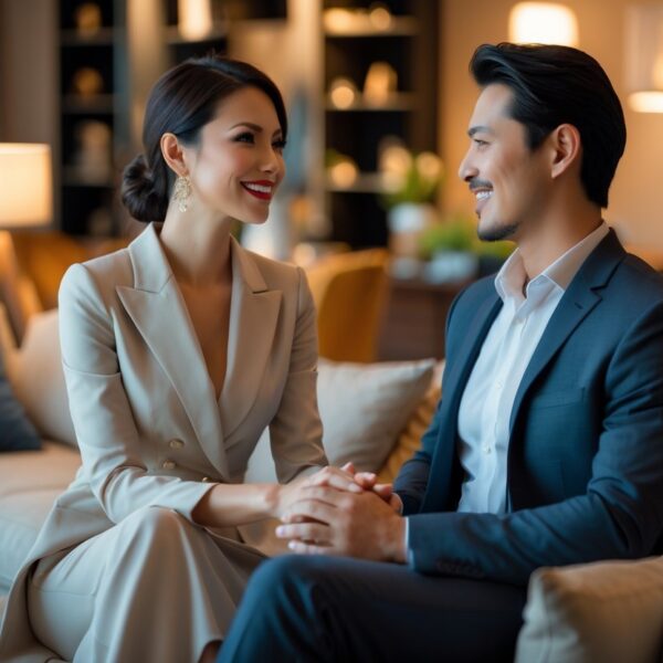 Um casal moderno e elegante em uma sala de estar aconchegante, sorrindo e demonstrando conexão e respeito mútuo.