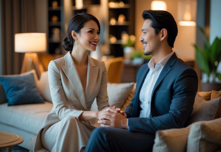 Um casal moderno e elegante em uma sala de estar aconchegante, sorrindo e demonstrando conexão e respeito mútuo.