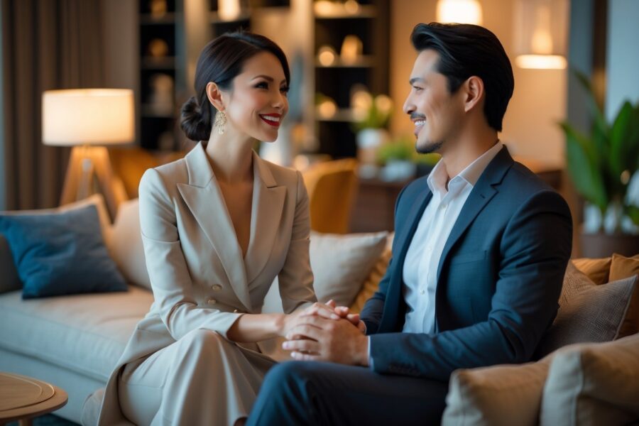 Um casal moderno e elegante em uma sala de estar aconchegante, sorrindo e demonstrando conexão e respeito mútuo.