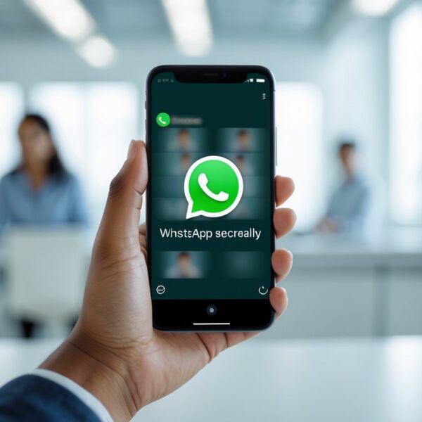 Pessoa segurando um smartphone mostrando a tela de status do WhatsApp com perfis borrados, em um ambiente de escritório iluminado.