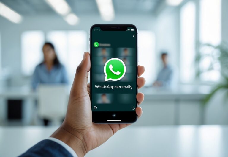Pessoa segurando um smartphone mostrando a tela de status do WhatsApp com perfis borrados, em um ambiente de escritório iluminado.