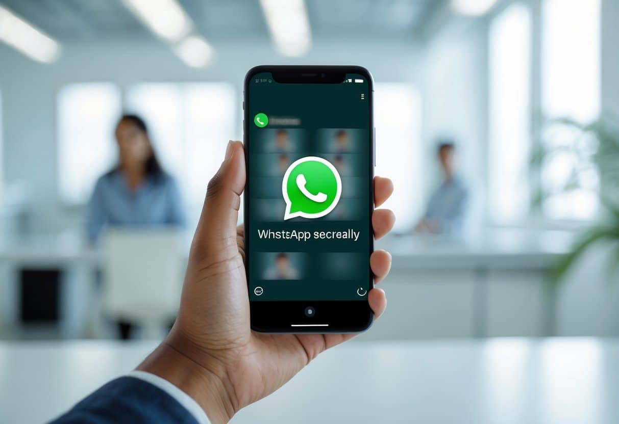 Pessoa segurando um smartphone mostrando a tela de status do WhatsApp com perfis borrados, em um ambiente de escritório iluminado.