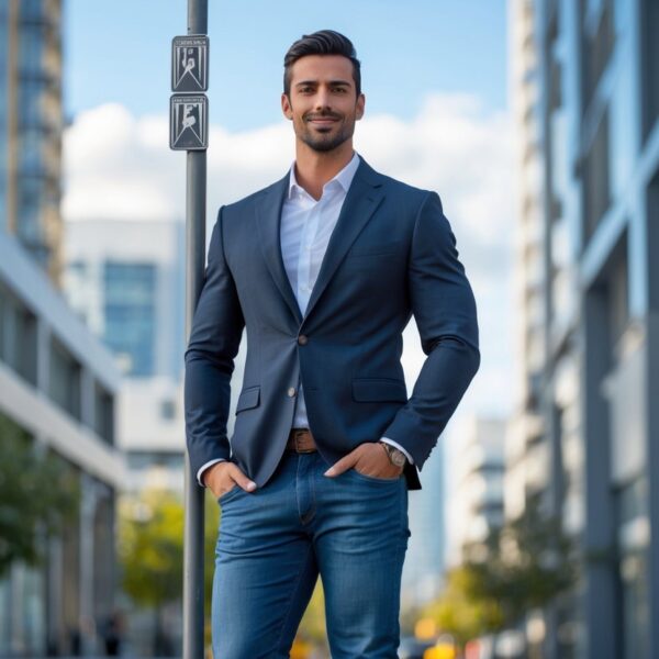 Homem alto e confiante vestido casual elegante em ambiente urbano com prédios modernos ao fundo.