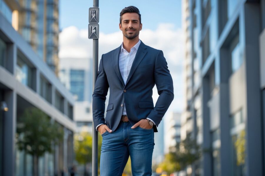 Homem alto e confiante vestido casual elegante em ambiente urbano com prédios modernos ao fundo.