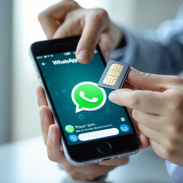 Pessoa retirando o chip do celular enquanto a tela mostra o aplicativo WhatsApp aberto.