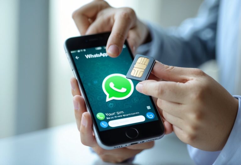 Pessoa retirando o chip do celular enquanto a tela mostra o aplicativo WhatsApp aberto.