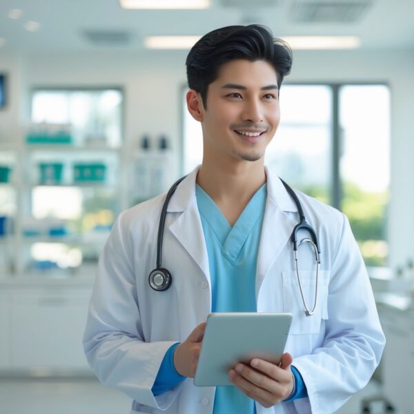 Médico jovem segurando um tablet em uma clínica médica moderna e bem iluminada.