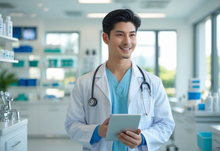 Médico jovem segurando um tablet em uma clínica médica moderna e bem iluminada.