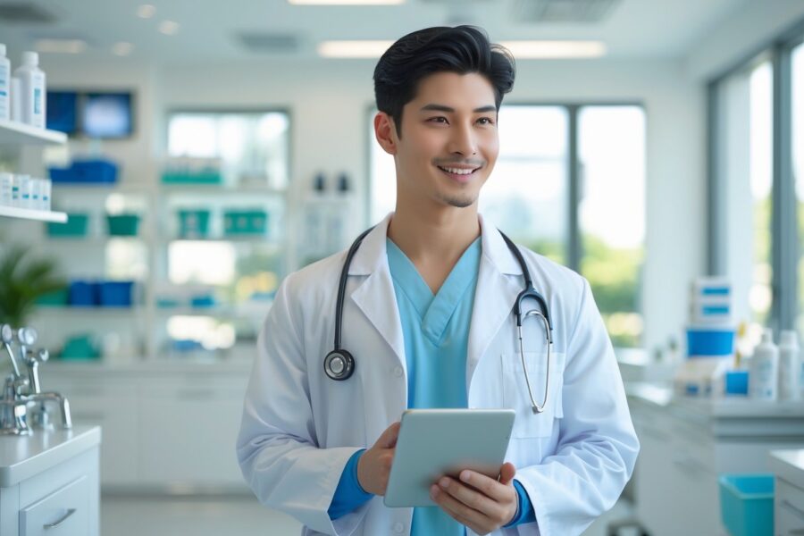 Médico jovem segurando um tablet em uma clínica médica moderna e bem iluminada.
