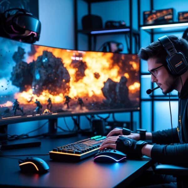 Um gamer concentrado jogando em um computador moderno com vários monitores exibindo um jogo com gráficos intensos e detalhados.