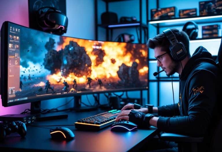 Um gamer concentrado jogando em um computador moderno com vários monitores exibindo um jogo com gráficos intensos e detalhados.