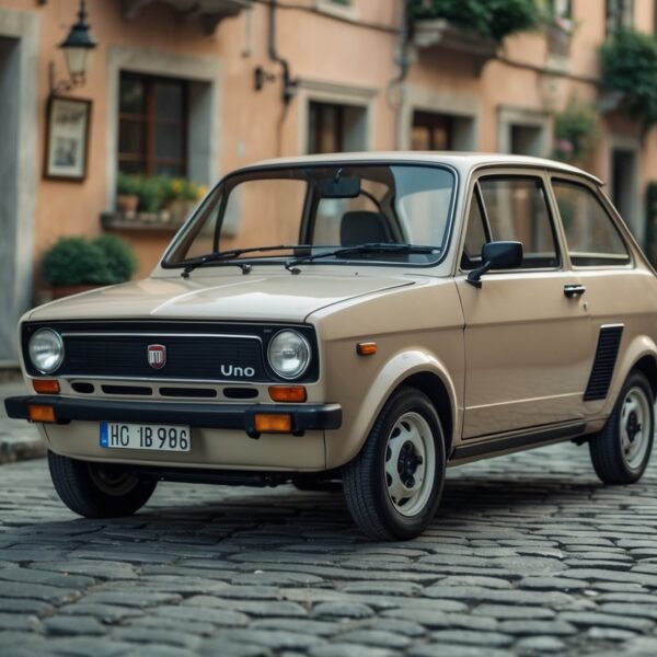 Um carro Fiat Uno clássico estacionado em uma rua de paralelepípedos em uma pequena cidade italiana, com prédios antigos ao fundo e pessoas caminhando.