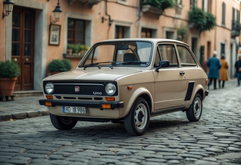 Um carro Fiat Uno clássico estacionado em uma rua de paralelepípedos em uma pequena cidade italiana, com prédios antigos ao fundo e pessoas caminhando.