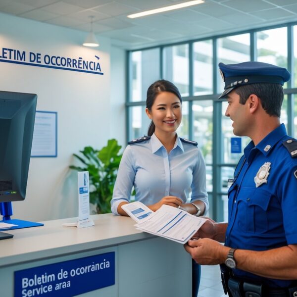 Pessoa conversando com policial no balcão de uma delegacia para solicitar um boletim de ocorrência.