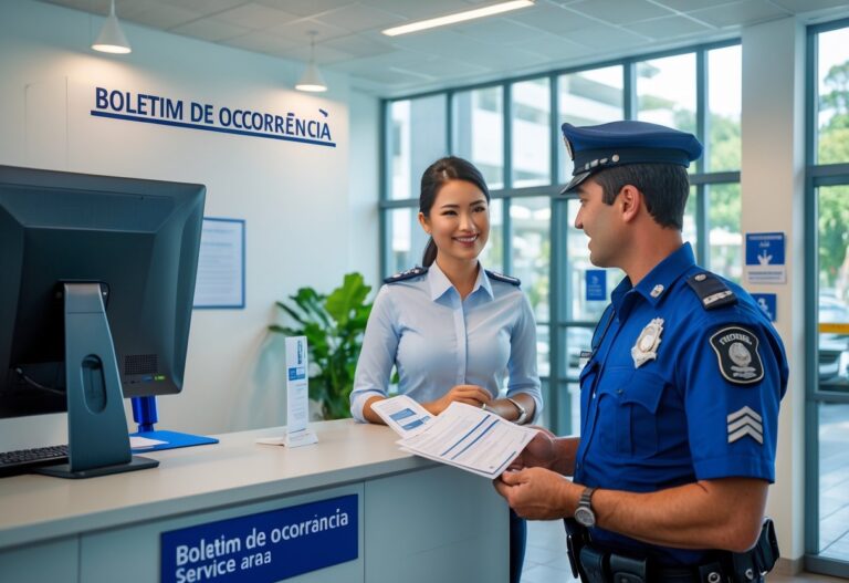Pessoa conversando com policial no balcão de uma delegacia para solicitar um boletim de ocorrência.
