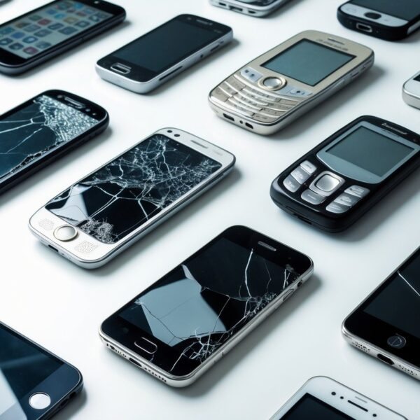 Vários celulares antigos e danificados espalhados sobre uma superfície branca limpa.
