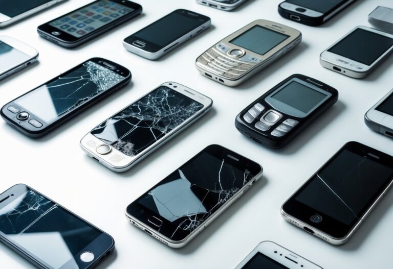 Vários celulares antigos e danificados espalhados sobre uma superfície branca limpa.