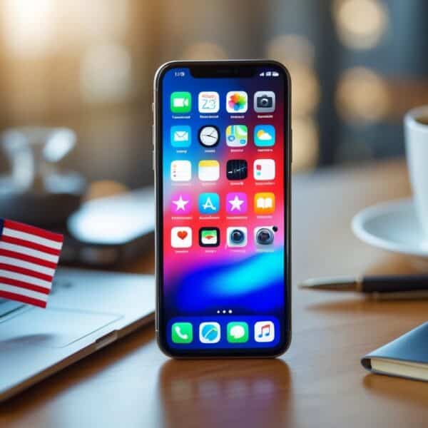 Um smartphone moderno sobre uma mesa de madeira com uma pequena bandeira americana, um passaporte dos EUA e uma xícara de café ao lado.