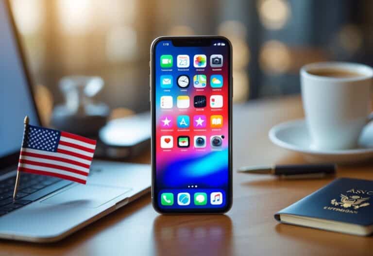 Um smartphone moderno sobre uma mesa de madeira com uma pequena bandeira americana, um passaporte dos EUA e uma xícara de café ao lado.