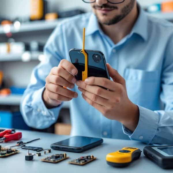 Técnico reparando a antena de um celular em uma bancada de trabalho com ferramentas eletrônicas.