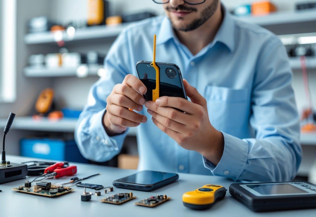 Técnico reparando a antena de um celular em uma bancada de trabalho com ferramentas eletrônicas.
