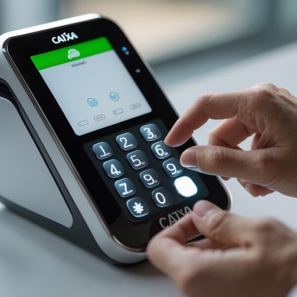 Mãos desbloqueando dispositivo eletrônico da Caixa Econômica Federal sem usar cartão.
