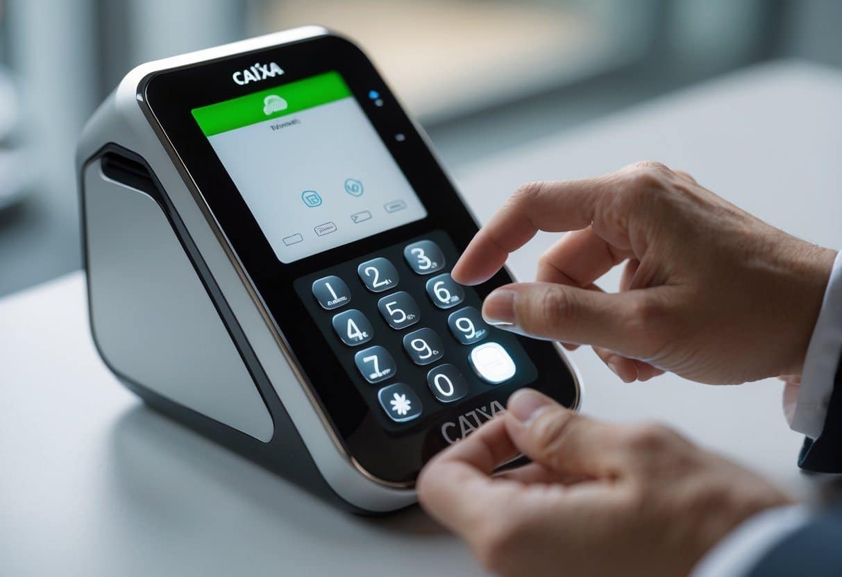 Mãos desbloqueando dispositivo eletrônico da Caixa Econômica Federal sem usar cartão.