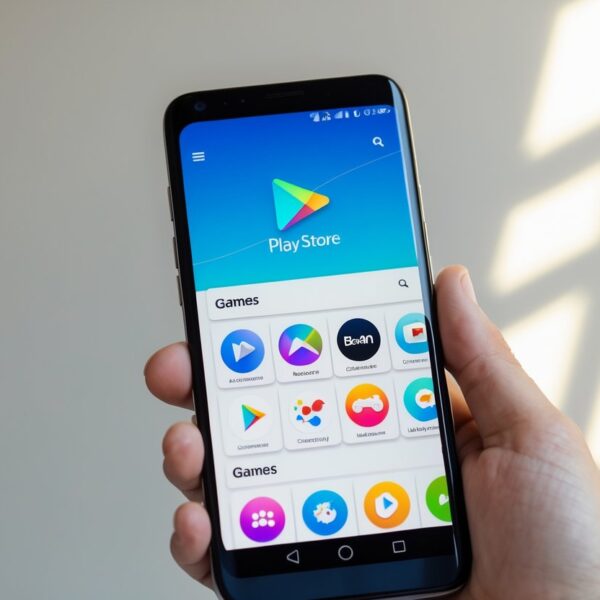 Pessoa segurando um smartphone mostrando a tela da Play Store com ícones de jogos coloridos.