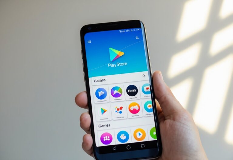 Pessoa segurando um smartphone mostrando a tela da Play Store com ícones de jogos coloridos.