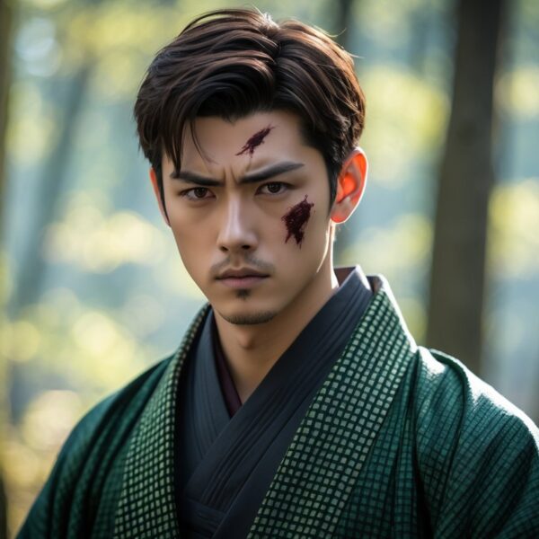 Um jovem homem com cabelo castanho curto e uma cicatriz na testa, vestindo um casaco tradicional japonês verde e preto, em um ambiente de floresta com luz suave.