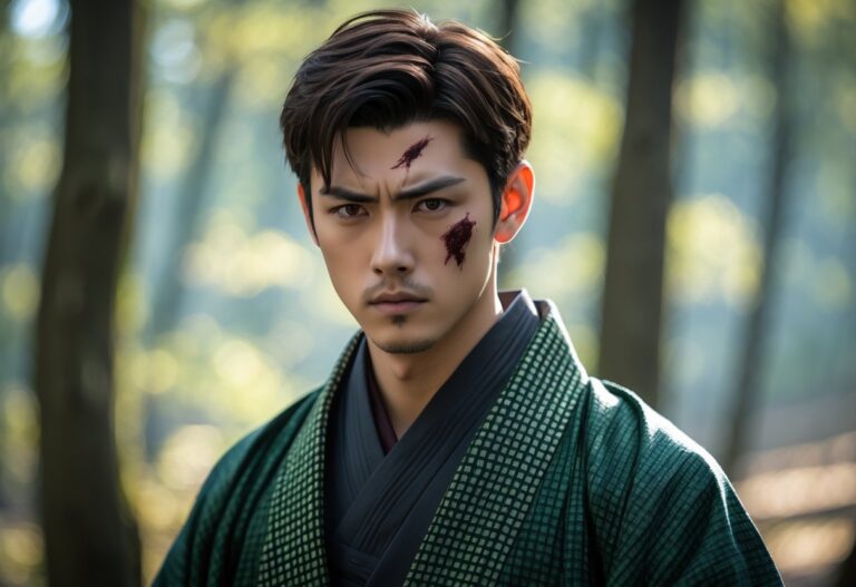 Um jovem homem com cabelo castanho curto e uma cicatriz na testa, vestindo um casaco tradicional japonês verde e preto, em um ambiente de floresta com luz suave.