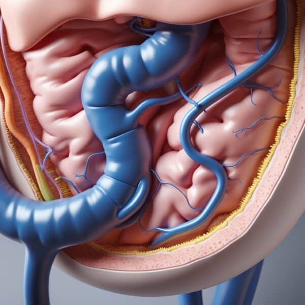 Imagem detalhada do estômago humano mostrando o piloro aberto e o fluxo para o duodeno.