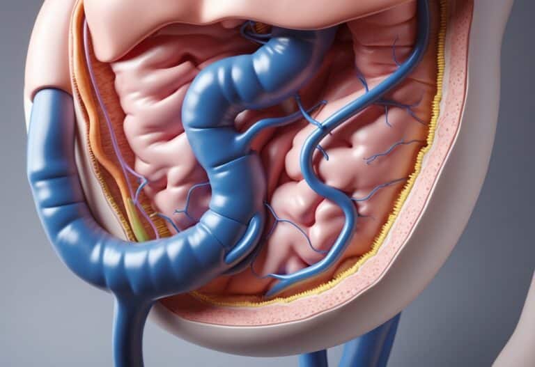Imagem detalhada do estômago humano mostrando o piloro aberto e o fluxo para o duodeno.